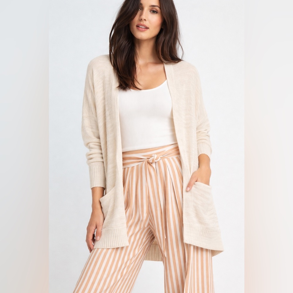 Anthropologie Donyale Oversized Open Cardigan Cream Knit Pockets Size M